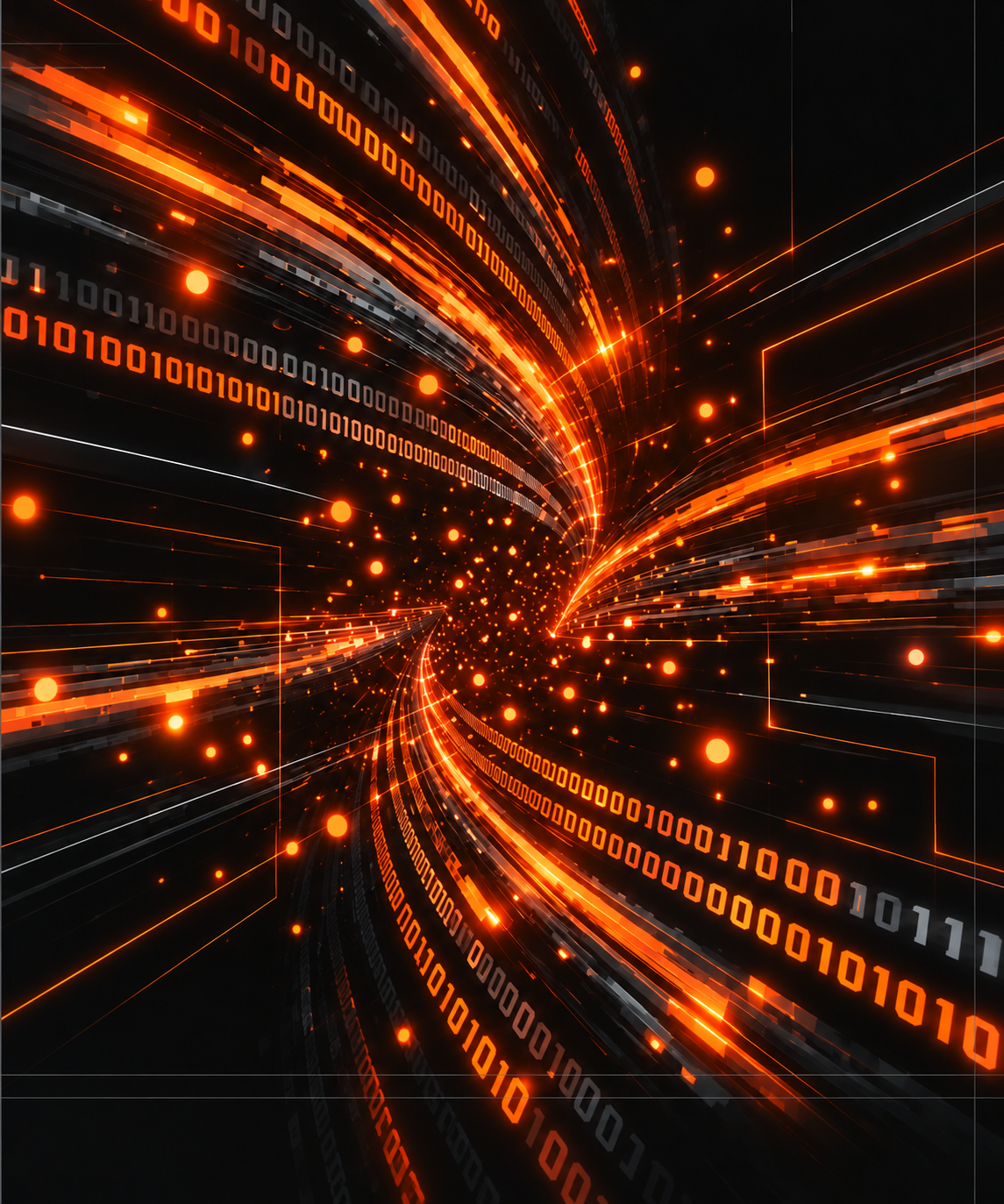 Orange data streams and binary characters converging through a dark network